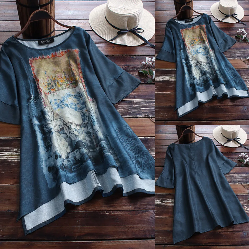 

Womens Casual Plus Size Loose Linen Short Sleeve Print Button Tunic Shirt Blouse
