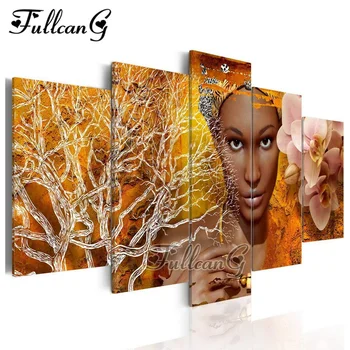 

FULLCANG Full Square Diamond Embroidery African Woman Flower 5PCS Diy Diamond Painting Cross Stitch Mosaic Rhinestone Kit G540