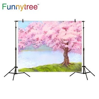 

Funnytree photography background pink Sakura blossoms tree spring river watercolor backdrop photocall photo studio printed