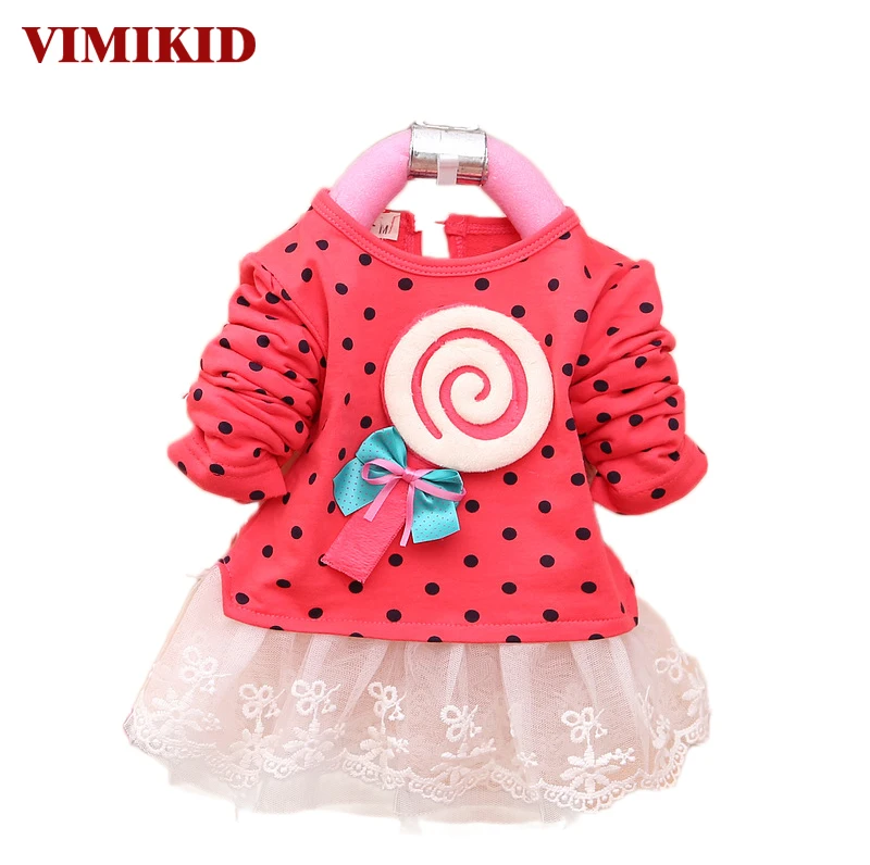 

1st 2017 Newest Autumn Spring Kids Sweater Greatly Lollipop Full Version Dot Girls T-shirt Stitching Baby Girls lace Dresses k1