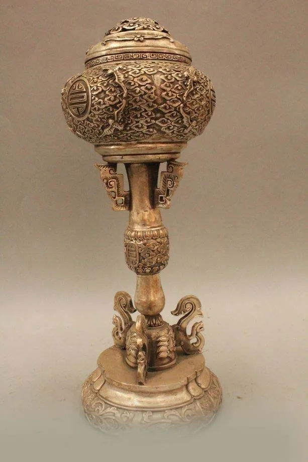 

DS 13"Marked Chinese China Silver Lucky Bird Statue Incense Burner Censer