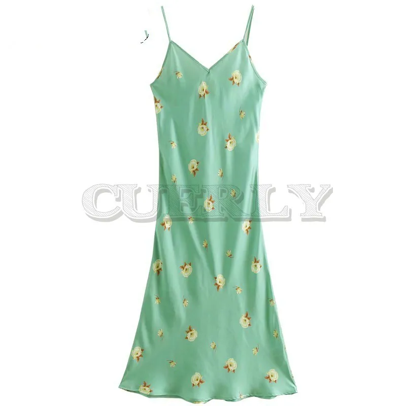 Image 2019 Summer Flowers Printing Long Dress Women Sexy Camisole Dress Ladies Elegant Silk Party CUERLY