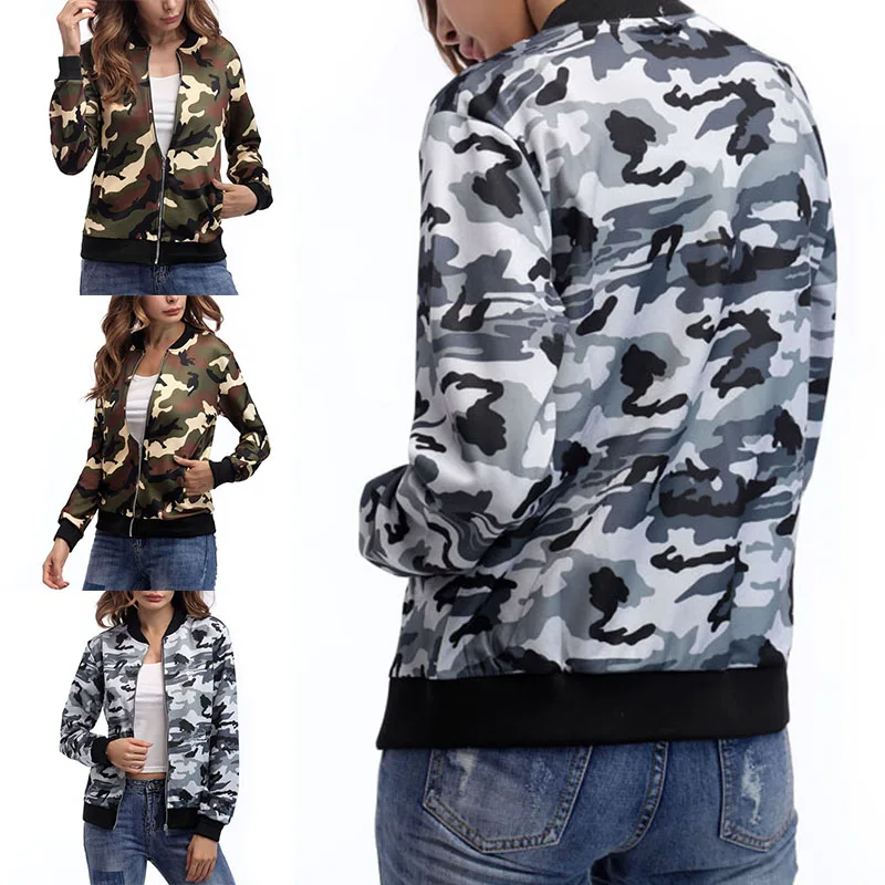 Womens Lady Long Sleeve Biker Camouflage Army Printed Bomber Jacket Coat Outwear