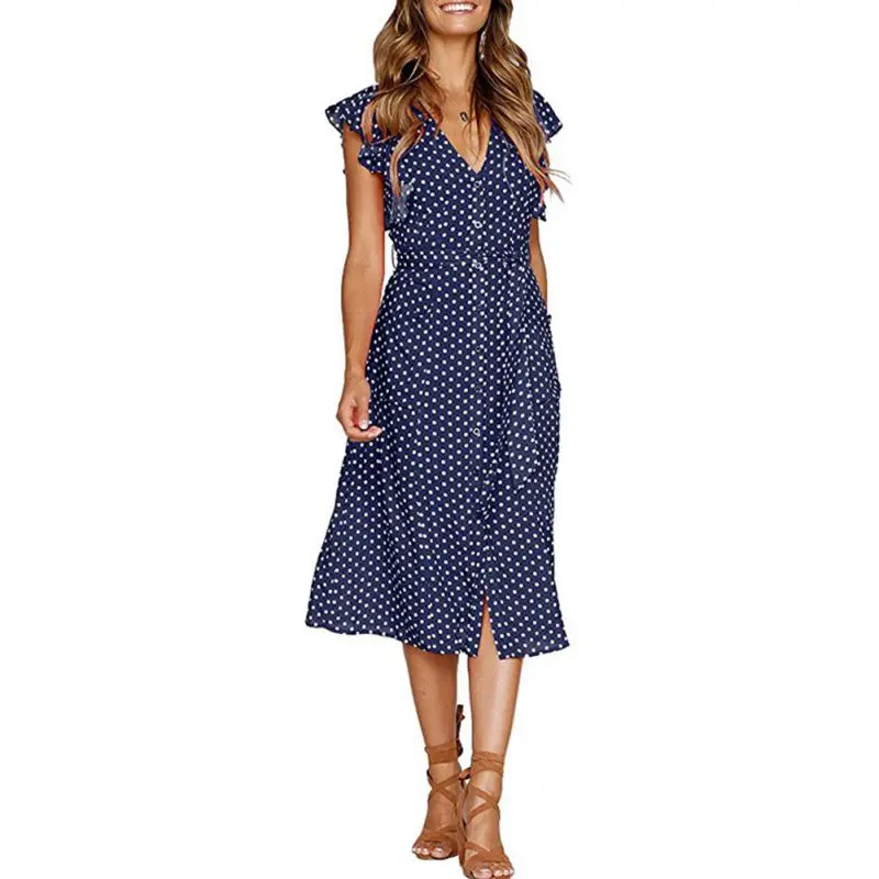 

Women Button Slim Fit Dresses V Neck Summer Dress Wave Point Irregular Ruffled Sleeve Dress