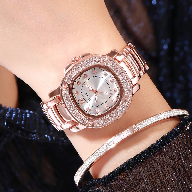 

2019 Luxury Brand Gold Quartz Ladies Watch Stainless Steel Strap with Diamond Square Waterproof Female Wristwatch Women Watches