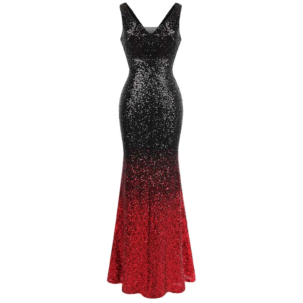 Angel-fashions Women's Deep V Neck Glitter Sequin Long Sleeve Evening Gown 497 