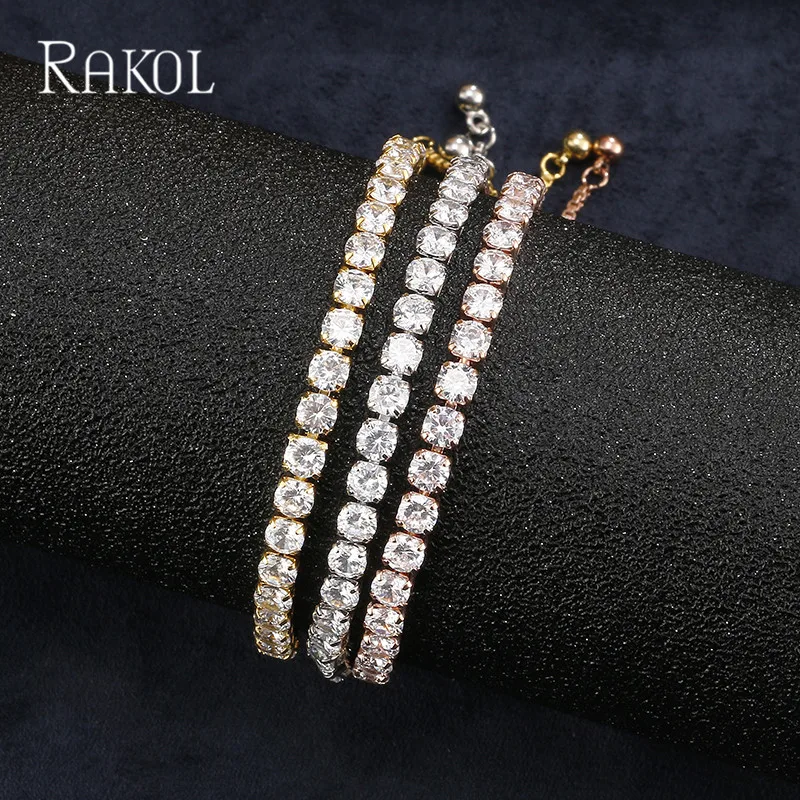 

RAKOL Fashion Simple Design White Color Round Blue/Purple/Red CA Zirconia Adjustable Chain Bracelets For Women Girl Bracelets