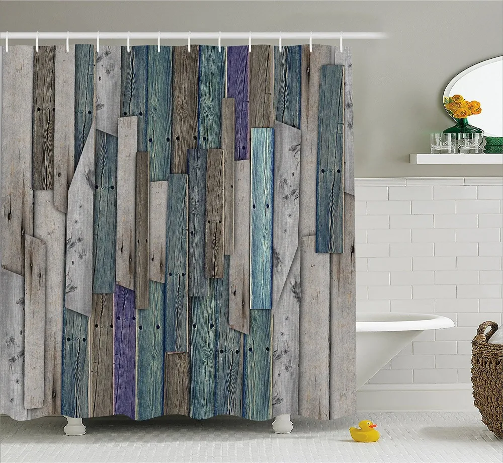 Modern Arts Shower Curtains Rustic Planks Barn House Wood and Nails