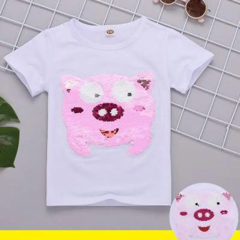 Детские топы для девочек, детские футболки с двойными пайетками футболки с рисунками для маленьких мальчиков, одежда для девочек 3, 8, 10 лет - Цвет: pigwh