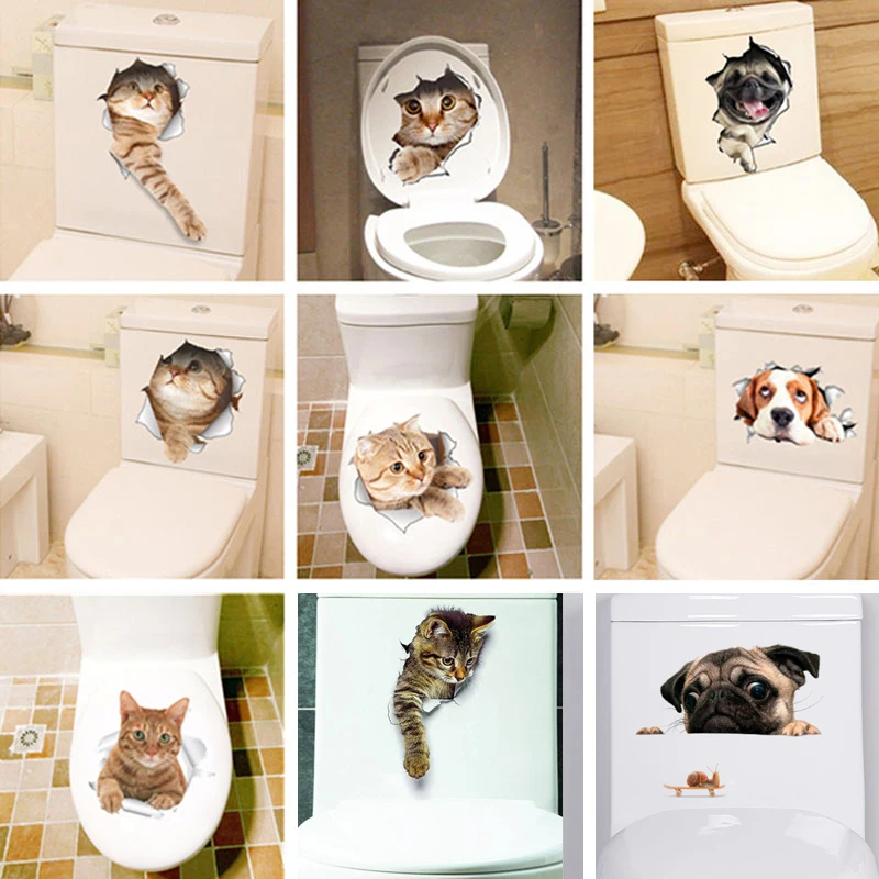 Tridimensionnel Animaux Mignons Chat Chien Toilette Autocollants Stickers Muraux Trou R/éfrig/érateur Affiches DIY D/écor /À La Maison