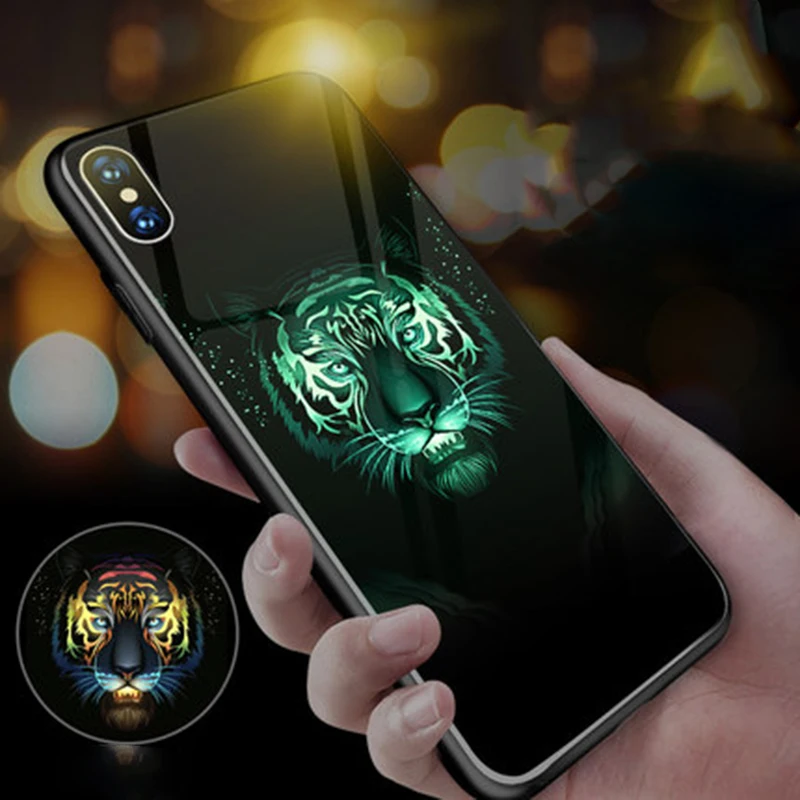 

High Quality Fashion Tiger Lion Wolf Luminous Glass Case For iPhone X 6 6s 7 8 Plus 5 5s SE XS Max XR Luxury Case Original Capa