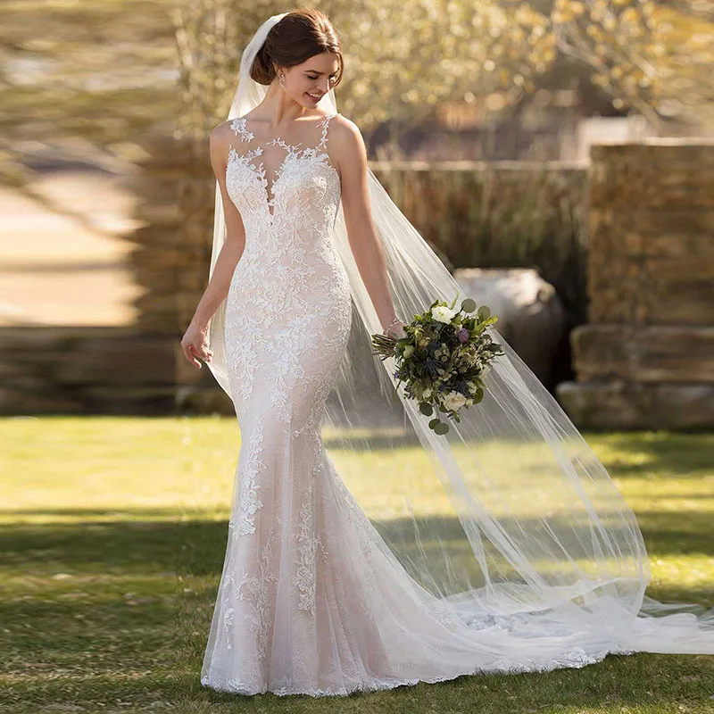 

Eightale Boho Wedding Dresses 2019 O-Neck Illusion Neckline Appliques Lace Mermaid Wedding Gowns Romatic Vintage Bride Dresses