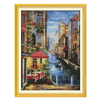 

Joy Sunday crossstitch Venetian scene ship scenic DMC14CT11CTcottonfabric livingroom dininghall restaurant home hotel painting