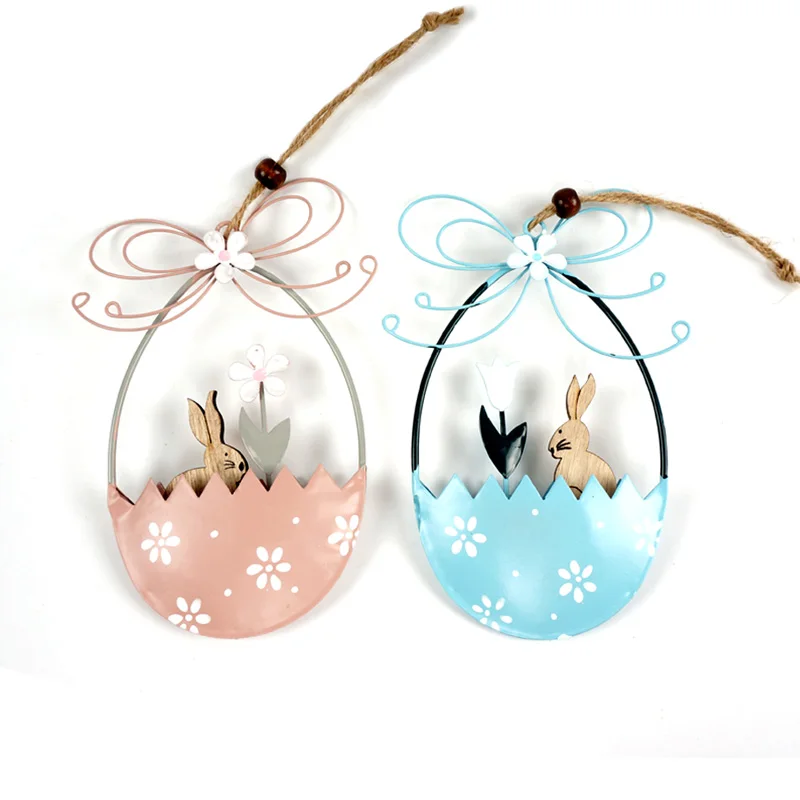 

Easter decoration 1 pair of blue pink metal easter egg rabbit flower happy Easter party decoration supplies metal crafts hanging