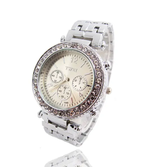 Высококачественные позолоченные часы-браслет с круглым циферблатом, женские модные кварцевые наручные часы с кристаллами, женские часы TW050 - Цвет: Серебристый