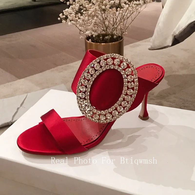 Satin Sandals Women Peep Toe Mixed Color Rhinestone Buckle High Heel Shoes Woman Sexy Party Shoes Mules Slippers