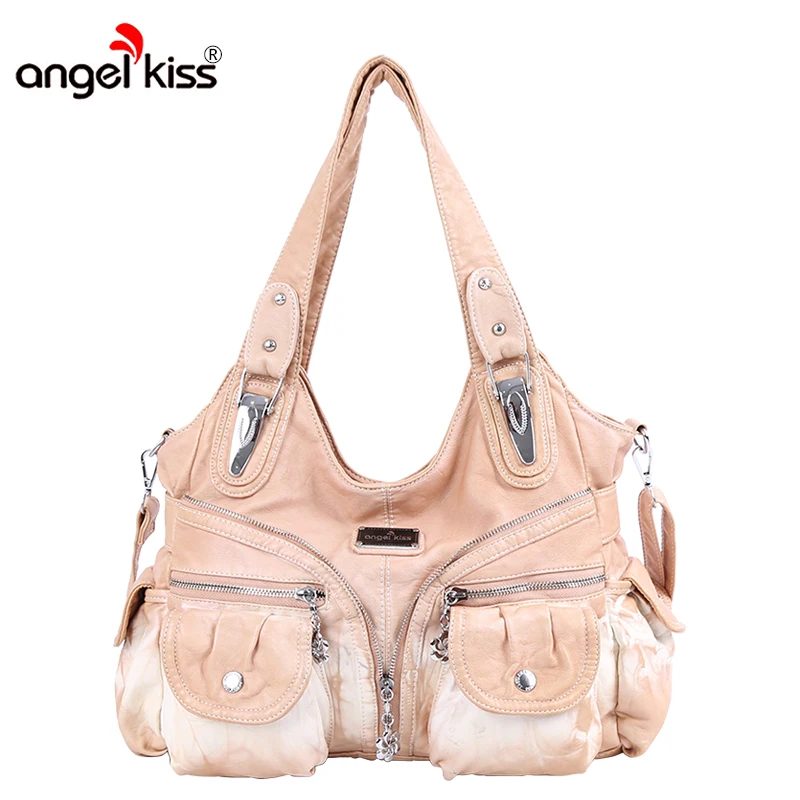 

AngelKiss Brand Washed Handbag PU Leather Women's Handbag Shoulder Bags Designer Casual Messenger Bag Large Capacity Tote