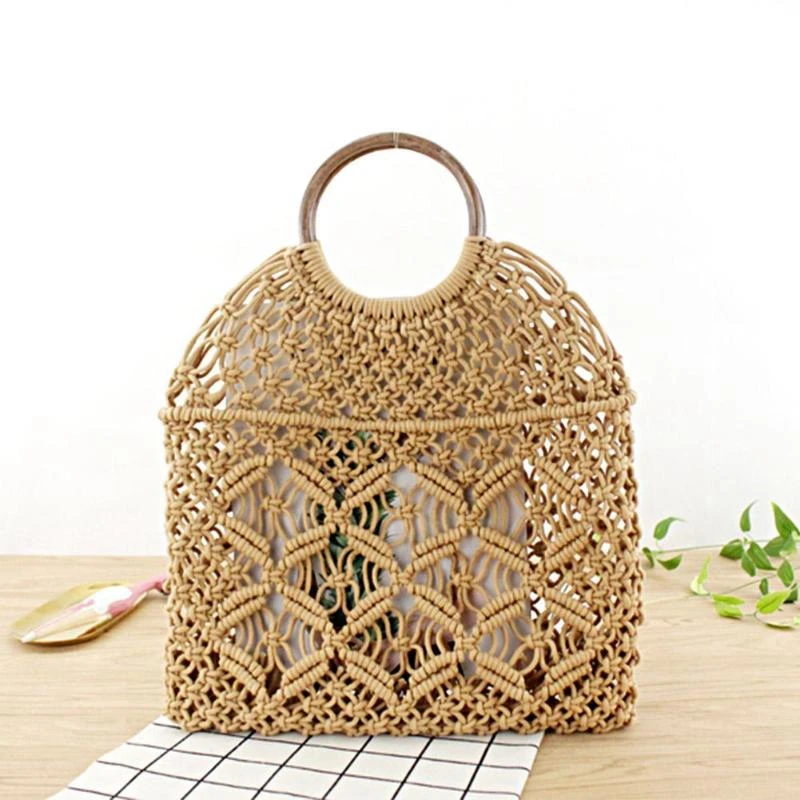 

Summer Beach Mini Handbags For Women Vintage Ladies Mesh Woven Hollow Rope Cotton Casual Travel Round Handle Small Tote Bag(Li
