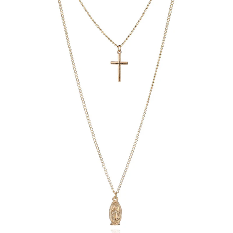 SRCOI Christlicher Cross Virgin Mary двойное ожерелье на длинной цепочке подвеска золотого цвета медальон женские модные ювелирные изделия
