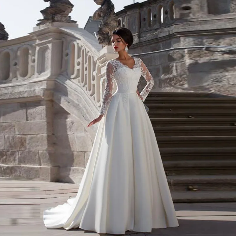 

Graceful Long Sleeve Wedding Formal Dresses A Line Applique Lace Top Satin Wedding Gown Custom Bridal Gown Vestido De Novias
