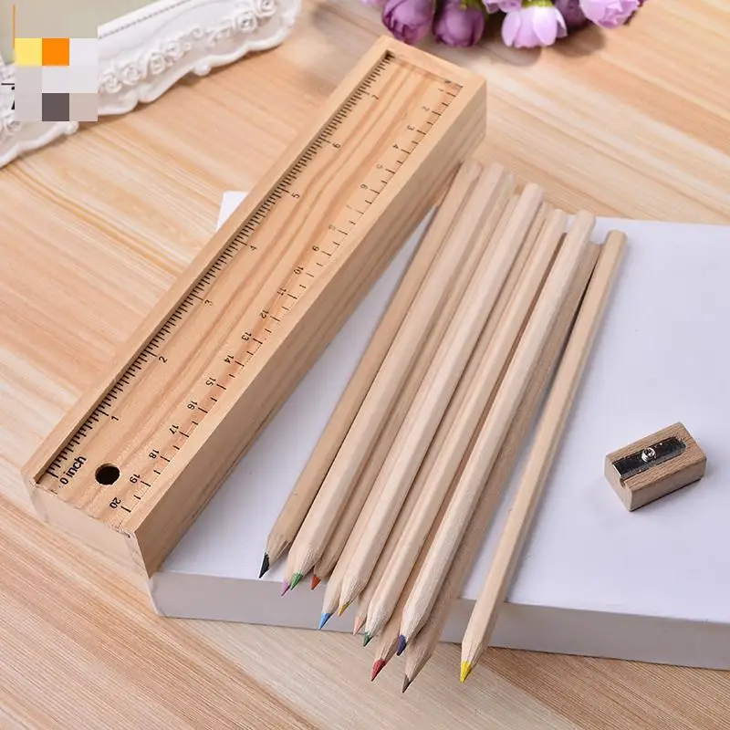 

12 pcs/lot Cute Colored Pencil Wooden Box with Ruler Pencil sharpener for Kids Christmas Children Gifts