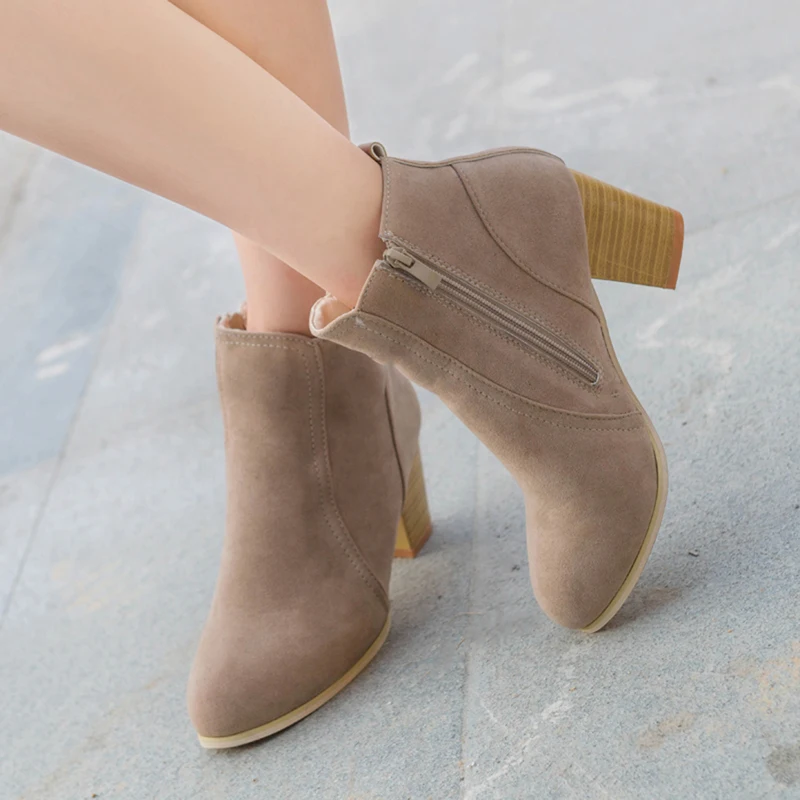 

Women Shoes Flock Ankle Boots Round Toe Spring Autumn Female Boots Ladies Party Western Stretch Fabric Boots High Heels Boots