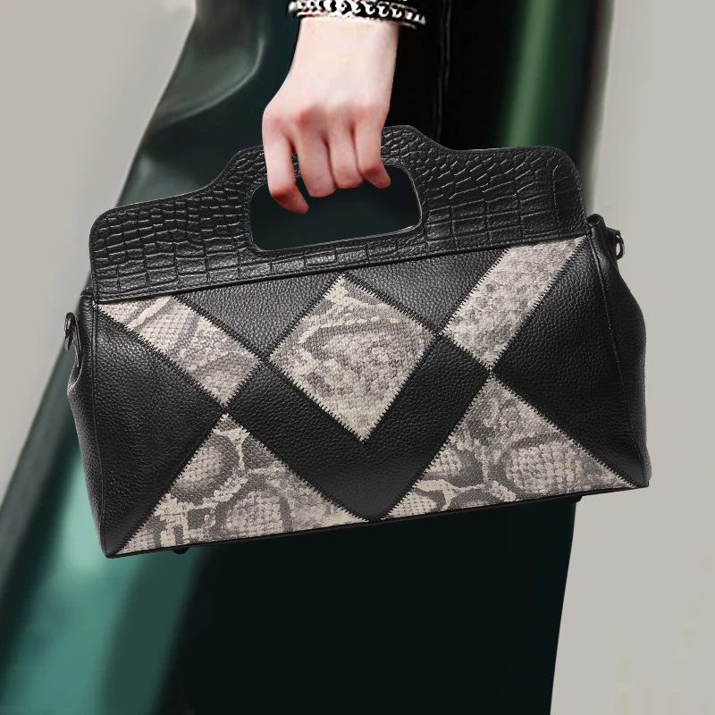 Fashion Geometric Pattern Handbag Top Leather Zipper Modern Women Top