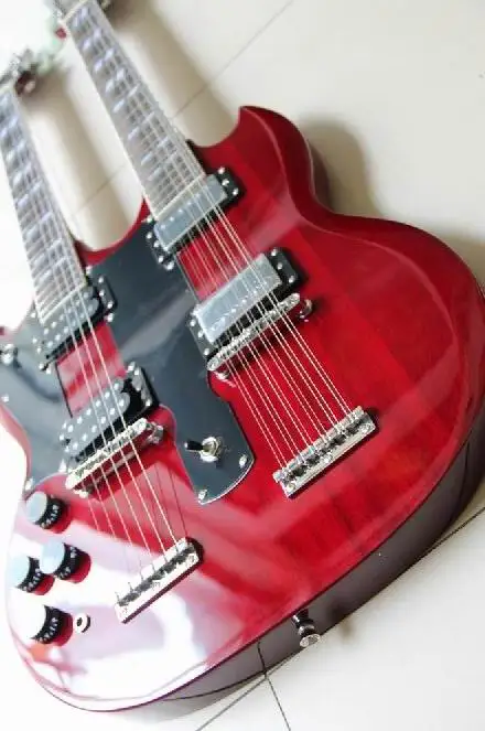 

New Left Handed Led Zeppeli Page 1275 Double Neck, Signed Aged , red body 12 strings electric guitar 120830