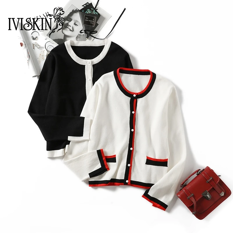 2018 Autumn Winter New Arrival Women Chic Cardigans Pearl Decoration Buttons Knitted Open Stitch Color Hit Casual Outerwear |