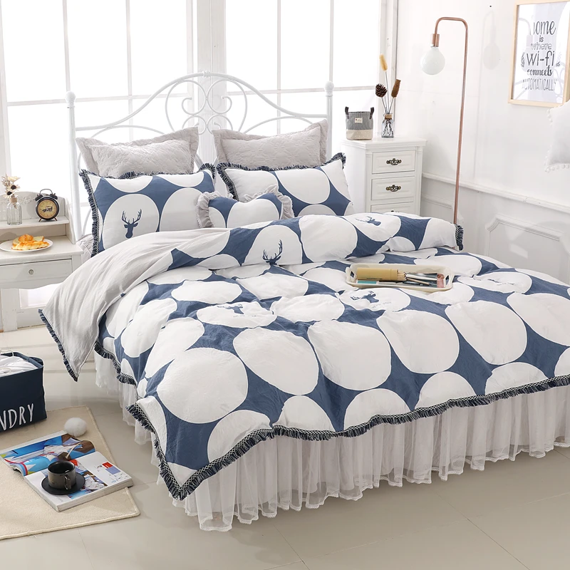 

Deer Bedding Set 4pcs washed Cotton Duvet Cover lace Bed Skirt Pillowcases Bedroom Textile Bed Linen Twin Queen Kids Bed Set