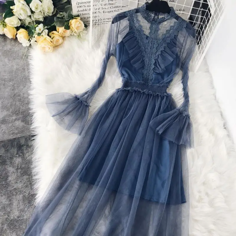 

Women Summer Flare Sleeve Hollow Out Lace Flower Voile Ruffles Dress Elastic Slim Waist Mesh Gauze Tulle Pullover Pleated Dress