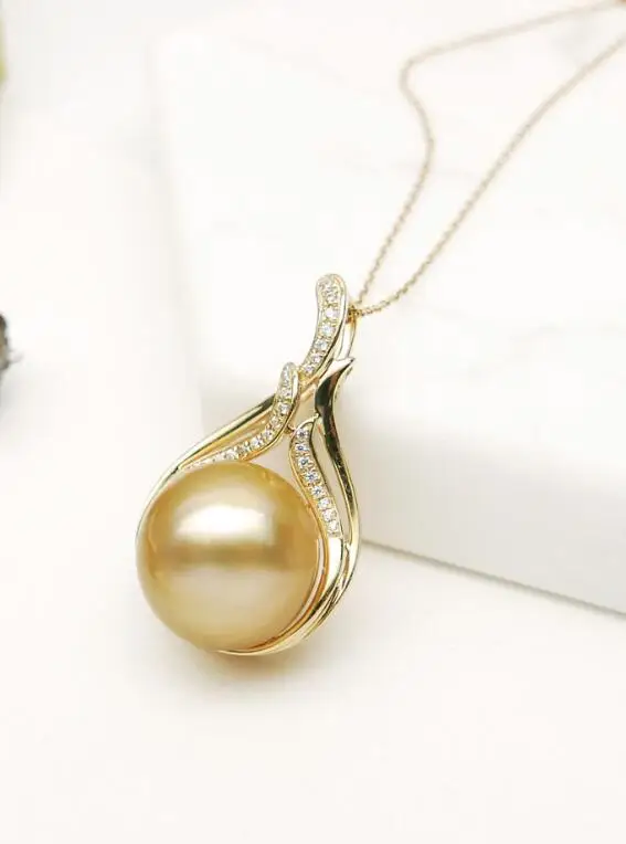 

12.5-13mm Natural Golden Real South Sea Cultured Pearl Pendant 14 Solid Yellow Gold