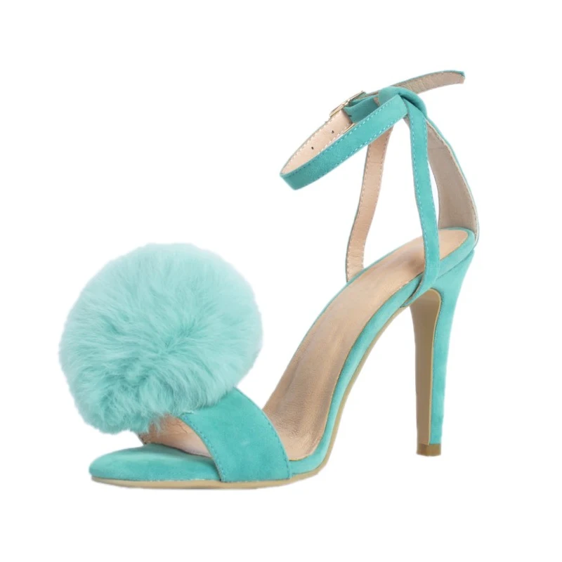 

Fashion Turquoise Color Sweet Fur Ball Designer Hairball High Heel Sandals Women Ankle Strap Thin High Heel Dress Shoes Party