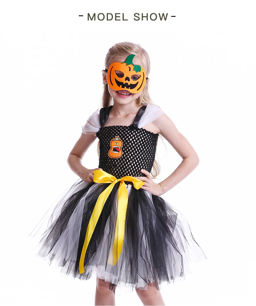 Halloween Jack o Lantern Tutu Dress Personalized Girls Pumpkin Tulle Dress with Matching Mask Kids Ghost Clothing for Party (5)
