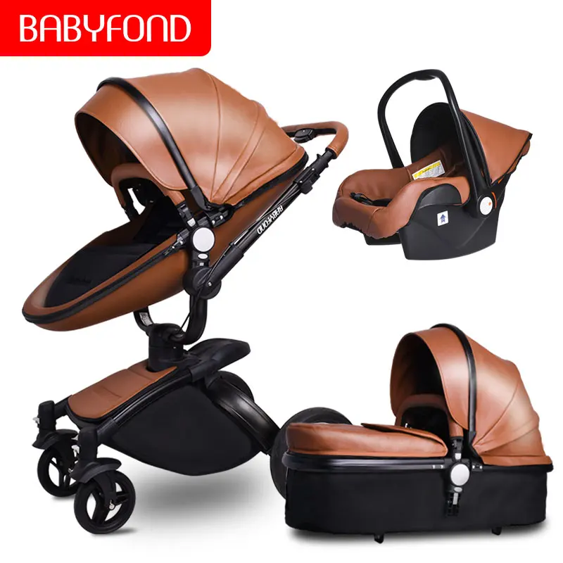 Babyfond Роскошная детская коляска 3 в 1, модная коляска с поворотом на 360 градусов, двусторонняя коляска из полиуретана и алюминиевого сплава, Золотая рама, детская коляска - Цвет: B-brown 3 in 1