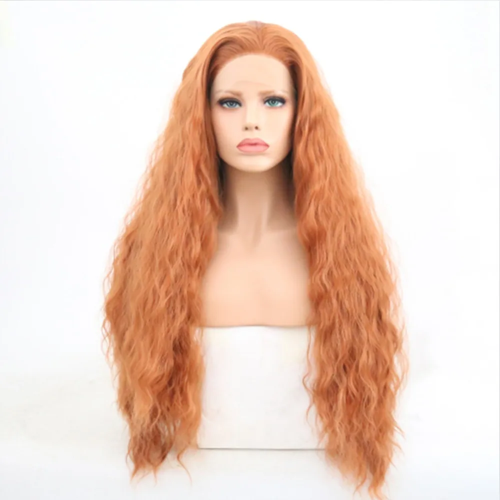 Rongduoyi объемная волна Синтетический Синтетические волосы на кружеве парики термостойкие оранжевый Цвет парик для черный Для женщин 24 дюйма