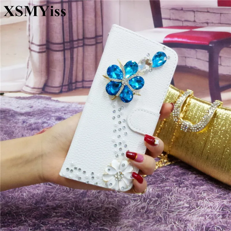 

XSMYiss New Style Handmade Bling Rhinestone Flower PU Filp Cover Wallet Case For SamsungS7 S6 edge S8 S9 S10 Plus Lite Note9 8 5