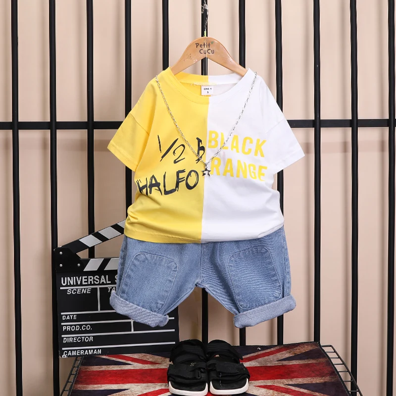 Детский комплект одежды из 2 предметов для мальчиков, футболка, джинсы, летний детский спортивный костюм, спортивный костюм, комплекты из 2 предметов для детей 3, 4, 5, 6, 7, 8 лет