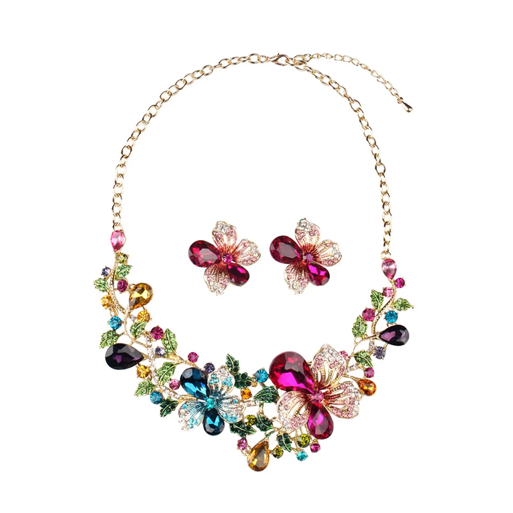 

2019 Wedding Jewelry Set Colorful Crystal Flower Necklace Sets Women Stud Earring Party Earrings Glamor Gift Garment Accessories