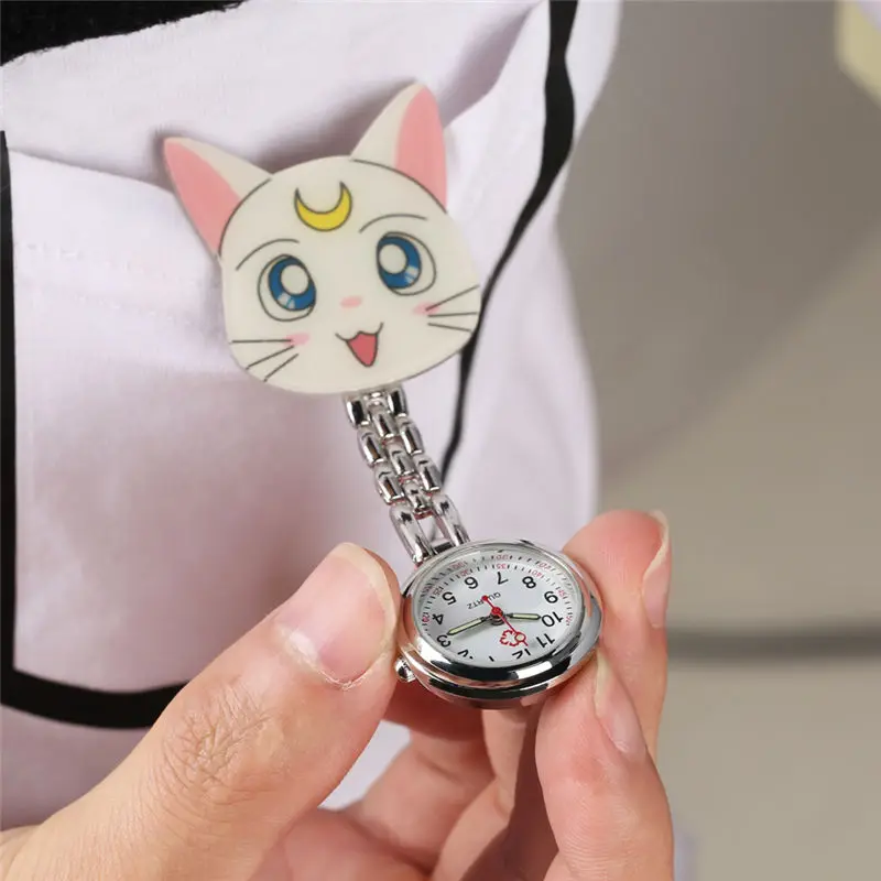 3D Cartoon Kitten Cat Nurse Watches Luminous Hands fob pocket hang clip watches Ladies Women Girls 4