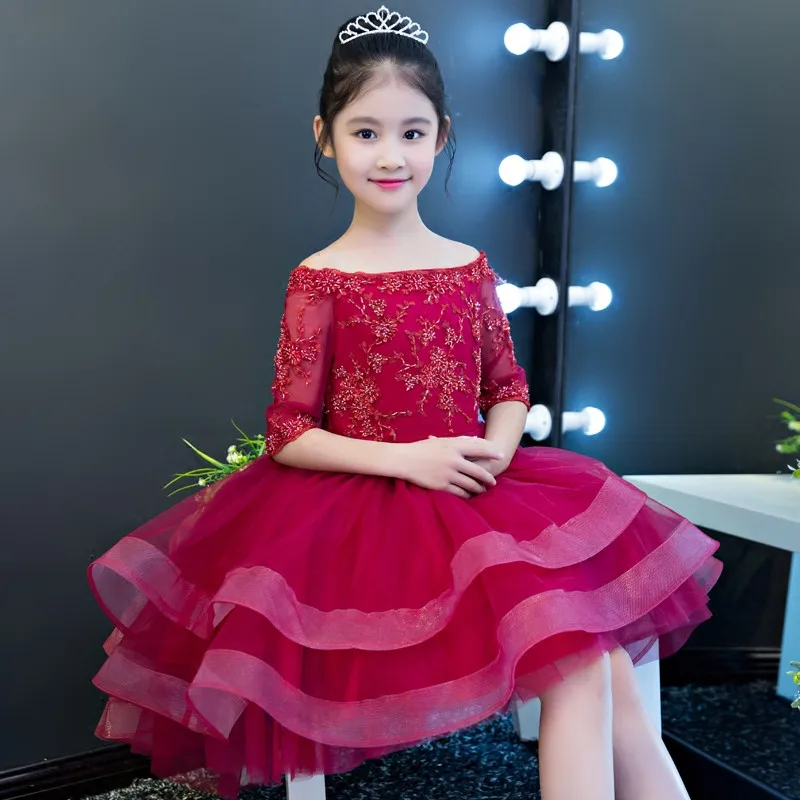 

New Children Girls Luxury Elegant Long Trailing Wedding Birthday Evening Party Dress Babies Kids Model Show Tutu Costume Dress