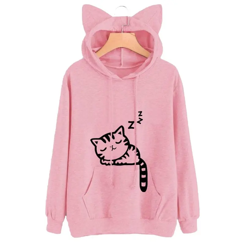 

WENYUJH Harajuku Women Hoodie Sweatshirt Kawaii Pink Winter Cat Pattern Long Sleeve Moletom Hooded Sweatshirt Ear Hoody Mujer