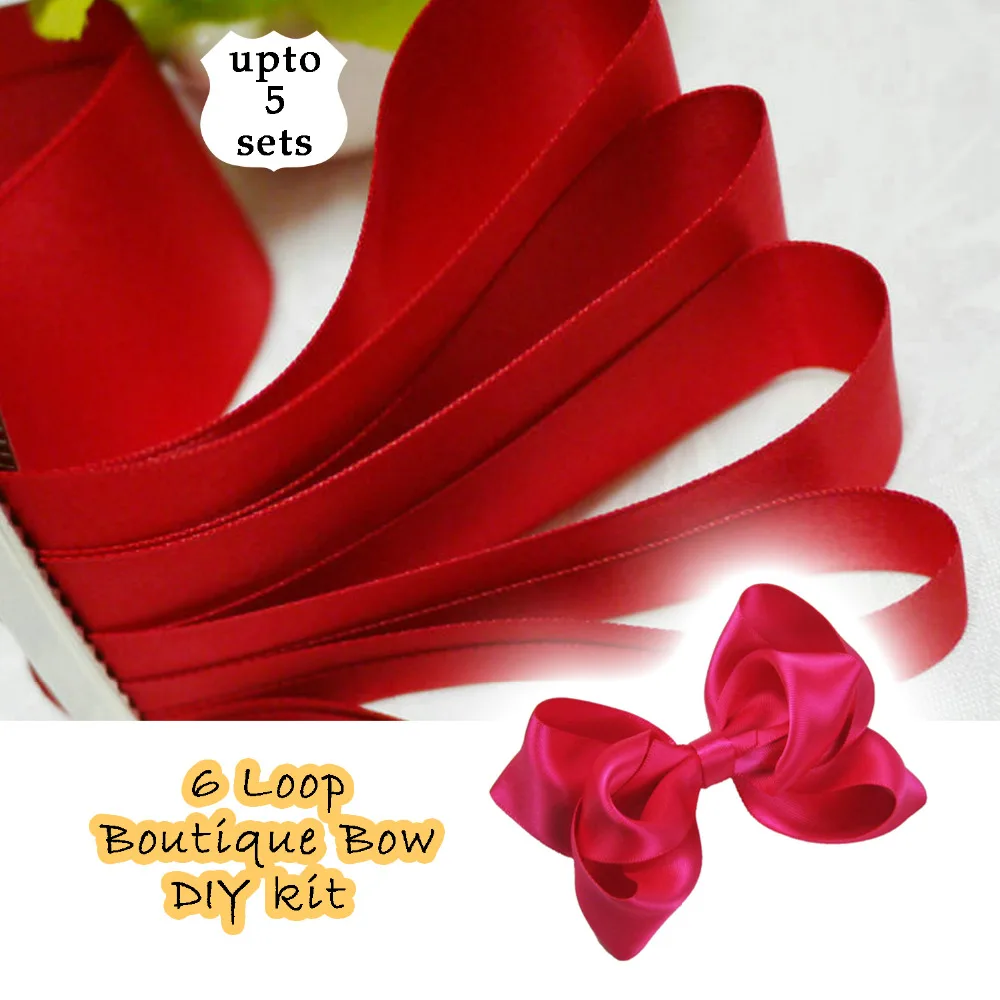 

6 Loops Botique Ribbon Hair Bow DIY kit upto 5 bows includes 5yards double satin red ribbon elastic rope adhesive tape