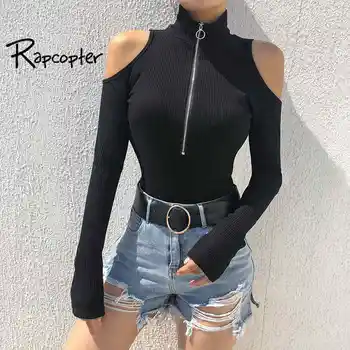 

Rapcopter Women Black Off Shoulder Bodysuits Autumn Long Sleeve Sexy Turtleneck Body Women 2018 Bodycon Zippper Bodysuit