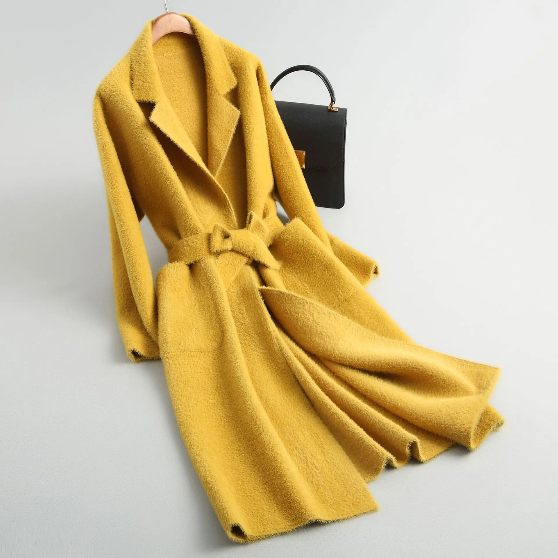 Shuchan, длинный кардиган, женский свитер, на шнуровке, с карманами, рукав три четверти, женские зимние куртки, толстые, желтые, черные, 18007