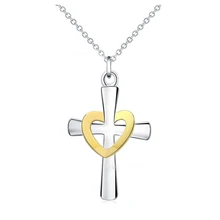 Fashion Women Silver Plate on Copper alloys Charm cross heart Love Pendant Necklace Chain Jewelry Gift
