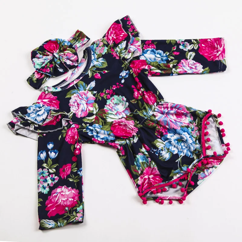 full sleeve Baby Girl Pretty fall Romper Flower Pom Pom Romper Child