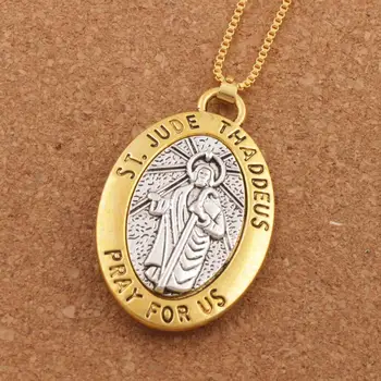 

Two-tone ST.JUDE THADDEUS PRAY FOR US 2inch Pendant Necklace Travel Protection Necklaces 24inches N1778