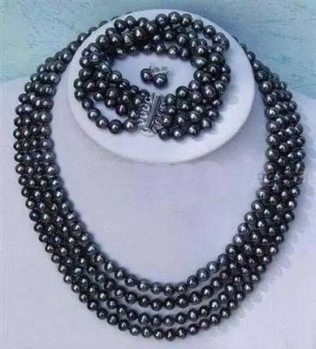 

shippingNoblest 4rows 6-7mm black pearl necklace bracelet earring sets BV172 (A0423)