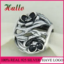 Аутентичные стерлингового серебра 925 Шарм черная эмаль подвески цветок бисера подходят браслет DIY ювелирные изделия